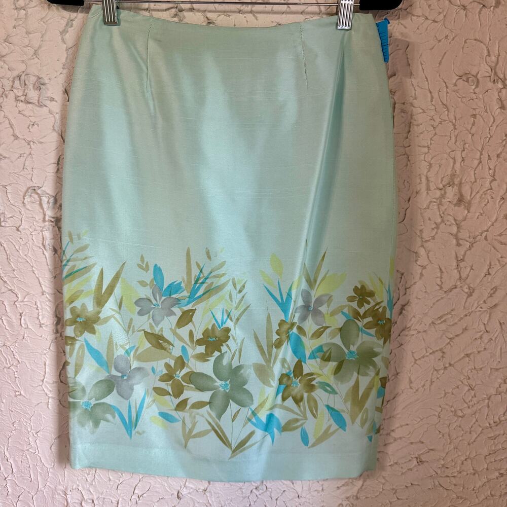 Ann Taylor LOFT Silk Linen Skirt Womens Size 4 Mint Green Floral Knee Length